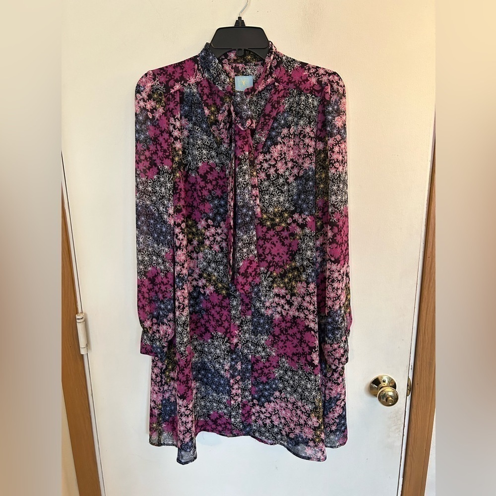 Cece Cynthia Steffe Aleah Floral Print Neck Tie Chiffon Shift Mini Dress Sz6
